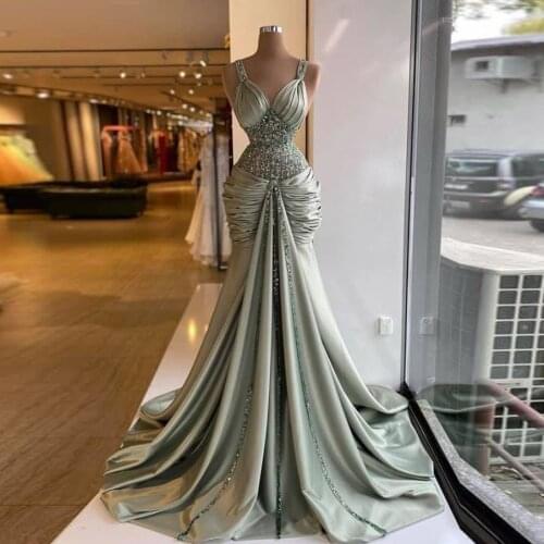 Mint Sage Evening Dresses فساتين السهرة robe de soirée de mariage Mermaid Evening Formal Dress Beads Pleat Evening Gowns Ruffle