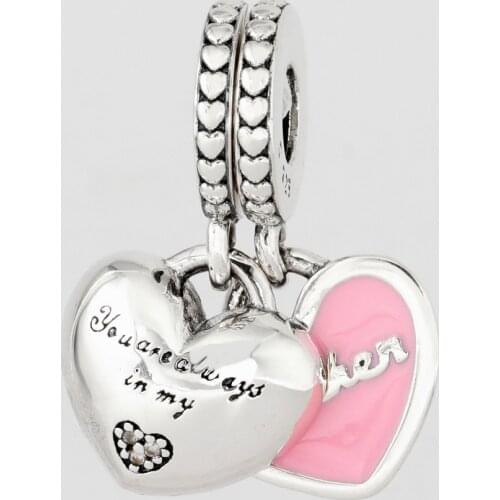 Free Shipping Authentic 925 Sterling Silver Mother & Daughter Hearts Dangle Charm Fit Original Bracelet For Women DIY Jewelry