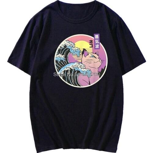 Summer Classic Retro Big Wave Japanese Steam Cat Cartoon High Quality Printing Fashion New Top Men Clothing Anime Clothes