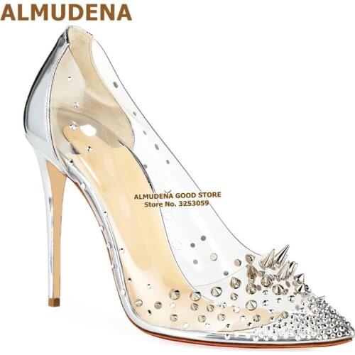 ALMUDENA Clear PVC Silver Rivets High Heel Pumps Designer Pointed Toe Silver Thin Heel Wedding Shoes Bling Bling Crystal Pumps