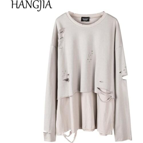 Vintage Men Wash Hole Oversized Sweatshirt Hand-made Ripped Sweatshirts Mens Pullover Streetwear Fake Two-piece Hoodies