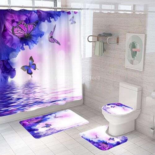 Purple Shower Curtain Butterfly Flower With Non Slip Rug Mat Bathroom Curtains Waterproof Polyester Bathroom Curtain with Hooks