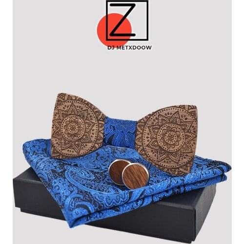 ZDJMEITRXDOOW Brand Fashion bow ties for men blue bowtie cufflinks pocket square tie set totem print ties cravat wood ties