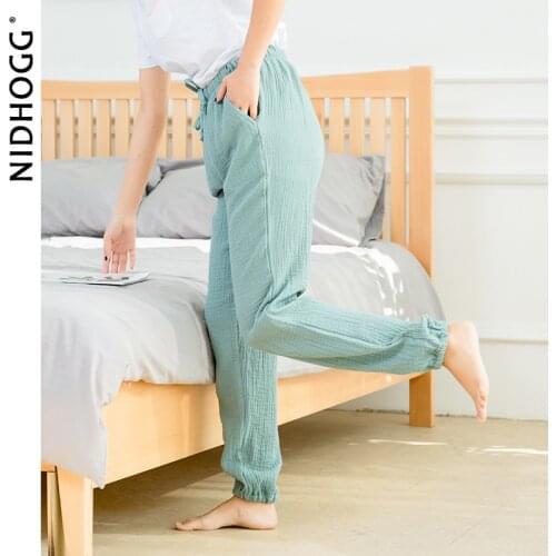 Women Home Clothes Sleep Bottoms 100% Cotton Crepe Pajama Pants Solid Knitted Loose Sleeping Pants Elastic Waist Lounge Wear