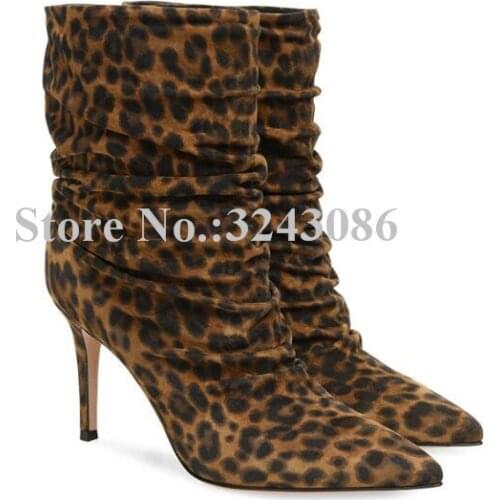 Women Sexy Leopard Ankle Boots New Pointed Toe Stiletto Heel Pleated Short Boots Lady Large Size Banquet Shoes Dropship