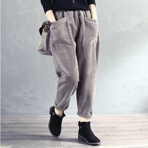 Corduroy plus velvet non-velvet solid color high waist harem pants female retro female casual pants loose trousers