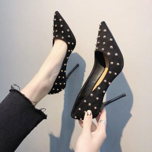 Net Red 10cm Sexy High Heels Night Field 2019 Spring New Rivet Pointed Shallow Mouth Suede Stiletto Single Shoes Female