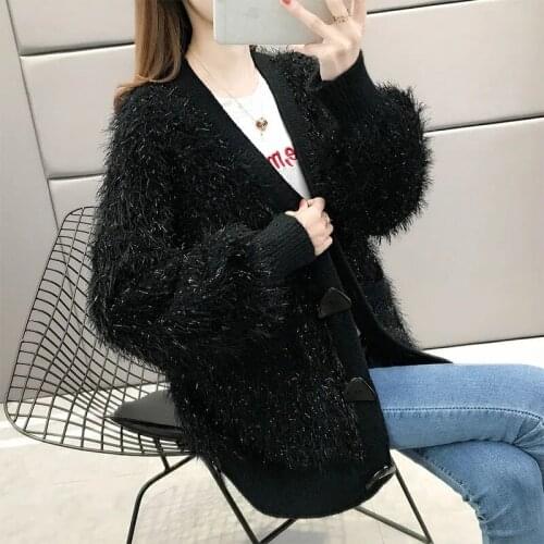 Women Autumn Winter Warm Cardigan V-Neck Loose Lantern Sleeve Knitted Sweater Coat Korean Fashion Elegant Shiner All-match Coat