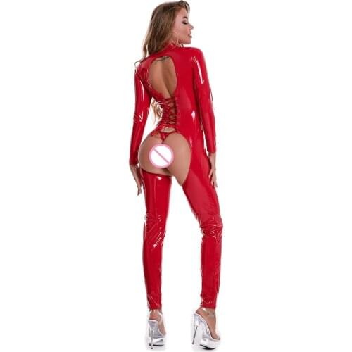 Women Patent Leather Crotchless Bodysuit Mock Neck Long Sleeve Zipper Skinny Jumpsuit Keyhole Lace-up Back Catsuit with G-string