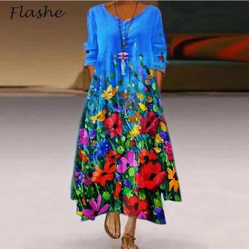 2021 Spring Summer Loose Women Party Dress Casual O Neck Floral Print Office Lady Dress Women Half Sleeve Long Dress