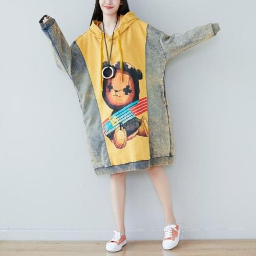 2019 female new spring and autumn plus size cartoon mosaic hooded dress personality do-old slim slimming sweatershirt