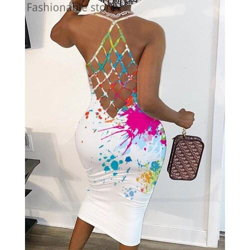 Women Sexy Casual Hollow Out Bodycon Print Midi Dress Plus Size