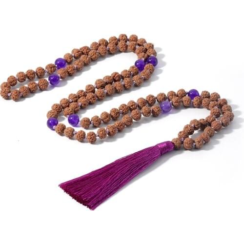 108 Rudraksha Beaded Knotted Necklace Natural Stone Marker Yoga Meditation Japa Mala Healthy Jewelry Tassel Pendant