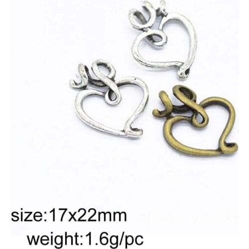 50pcs/lot Alloy Charms Antique Silver Plated Heart Pendant Handmade Hanging Crafts 17x22mm