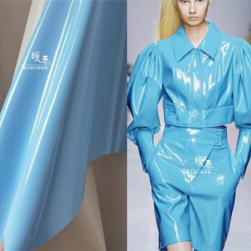Patent Leather Fabric PU Mirror Sky Blue waterproof DIY Patchwork Bags Bows Coat Dress Stage Decor COSplay Designer Fabric