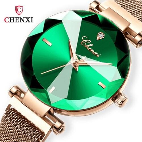 Authentic Womens Green Crystal Watch Fashion Full Stainless Steel Wrist Watches For Women Analog Wristwatch Waterproof B3495