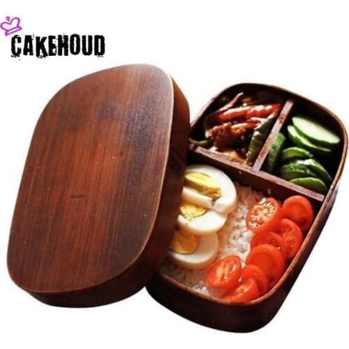 CAKEHOUD Wooden Lunch Box Interval Sushi Food Container Camping Portable Children Student Lunch Box Kitchen Wooden Tableware