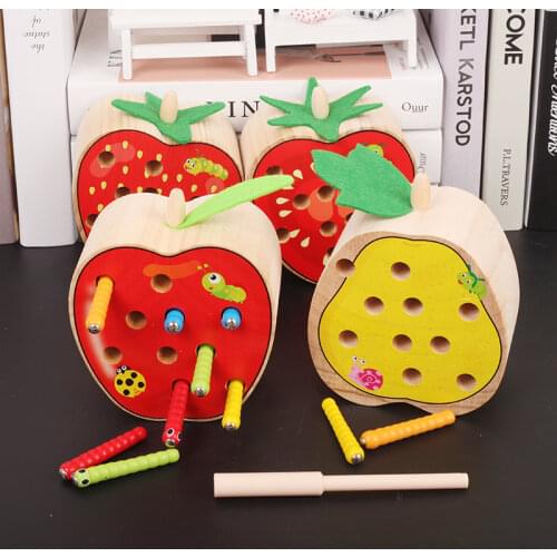 Childrens educational magnetic fruit catch bugs baby toys -2-3 years old boys and girls wooden caterpillar games fishing toys