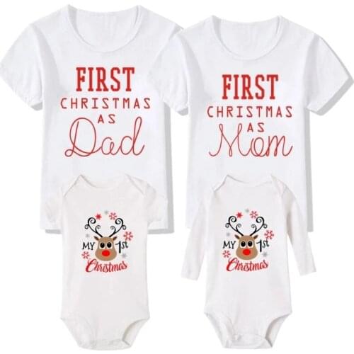 First Christmas as Dad Mom Tshirt Baby Cotton Romper Mommy Daddy and Baby Kids 1st Christmas Family Matching Clothes Outfits