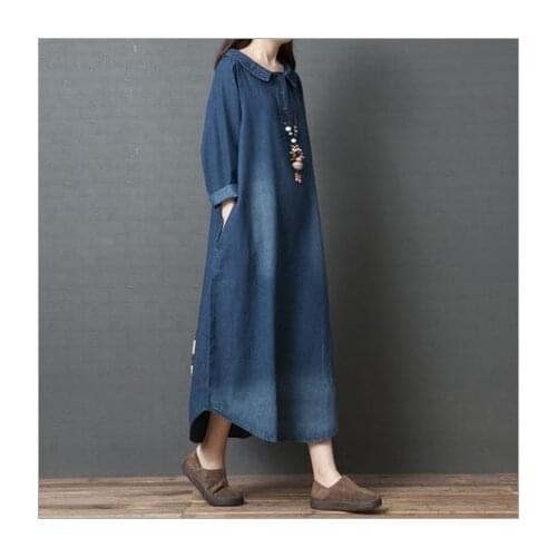Pregnant woman autumn spring New Denim Long Dress 2019 Loose Turn-down collar Long Sleeve Cotton Blue Maternity Dress