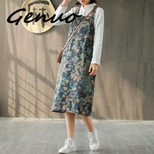 Genuo 2019 Straigth New Cotton Pockets Button Fashion Denim Dress Print knee-length Casual Spring Summer Denim Dress