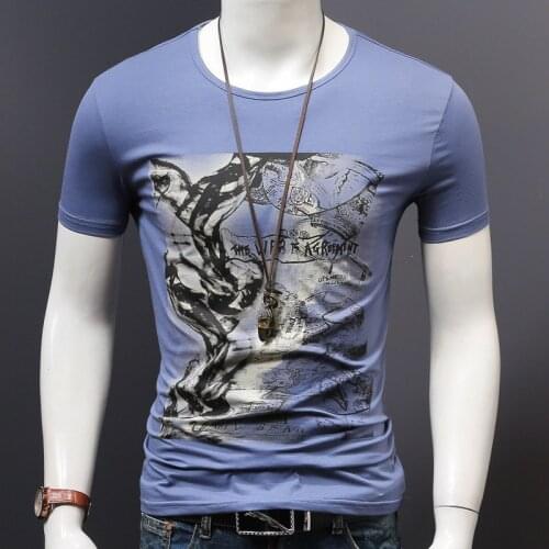 Mens Short Sleeve T Shirt Fashion Print O-Neck Cotton Slim Fit Tshirt 2021 Summer Streetwear Blue Tops