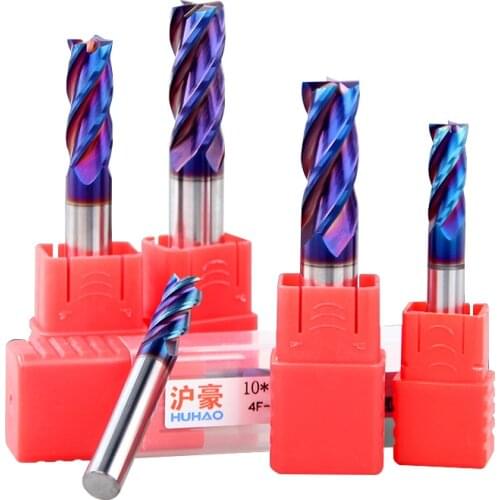 HRC63 Nano blue Coat Carbide Flat Base End Mills Tap 1*50*4D CNC 4 Flutes Cone Bits Solid Carbide Huhao 4776