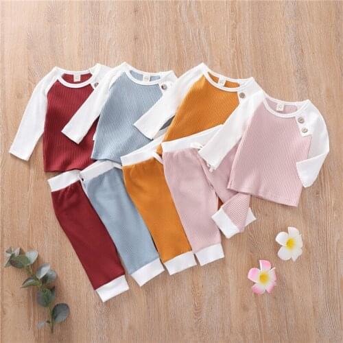 0-24M Casual Newborn Baby Clothes Outfit Set Autumn Button Patch Long Sleeve Block Top+Pants Set Boys Girls Knited 2pcs