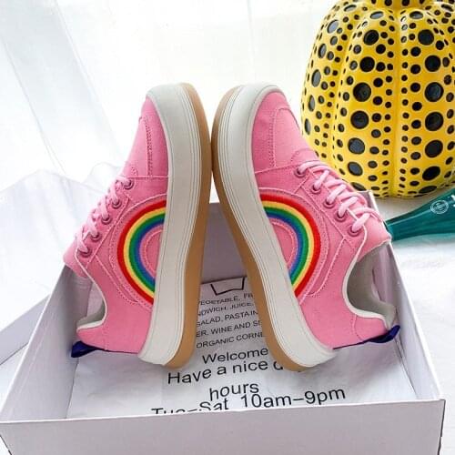 LLOGAI 2021 Rainbow Vulcanized Shoes New Summer Flats Korean Version Canvas Shoes Women Low Flat White Single Shoe Zapatos Mujer