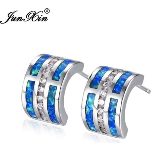 Cute Female Crystal Zircon Stud Earrings Unique Style Boho Fashion White Blue Fire Opal Earrings For Women Bride Wedding Jewelry