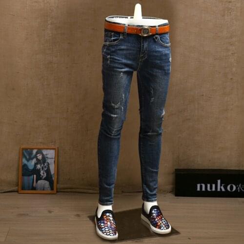 Fashion Men Skinny Ripped Jeans Cotton Stretch Denim Streetwear Blue Pants PSMJ71