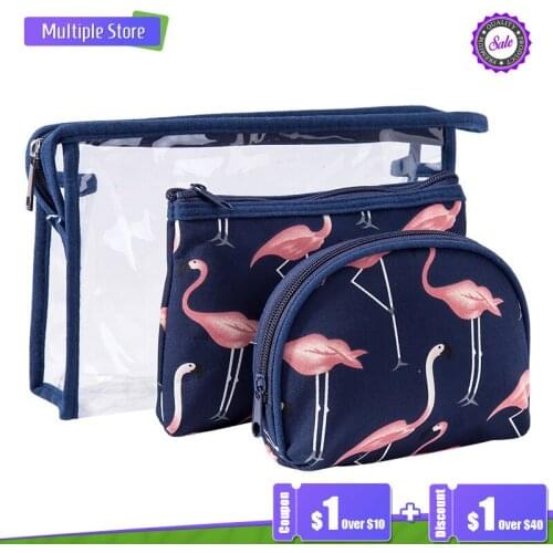 3 Piece Flamingo Womens Cosmetics Storage Bag Set Waterproof Transparent PVC Washing Mini Travel Bag Makeup Organizer