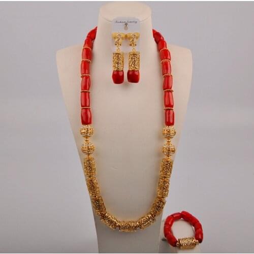 Nigerian Wedding Beads Bridal Set Big Coral beaded Necklace Jewelry Set African Coral beads Jewelry Set for Men Women