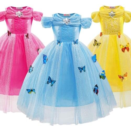Girl Princess Costume Butterfly Halloween Party Cinderella Dress Up Children Blue Rose Yellow Fancy Birthday Coronation Dress
