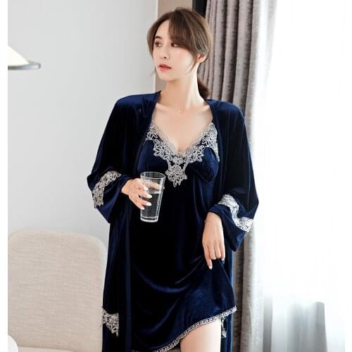 Autumn Velvet Warm Robes Lace Sexy Kimono Bathrobe Gown Women 2Pcs Robe Sets Bride Bridesmaid Wedding Gift Nightgown Sleepwear