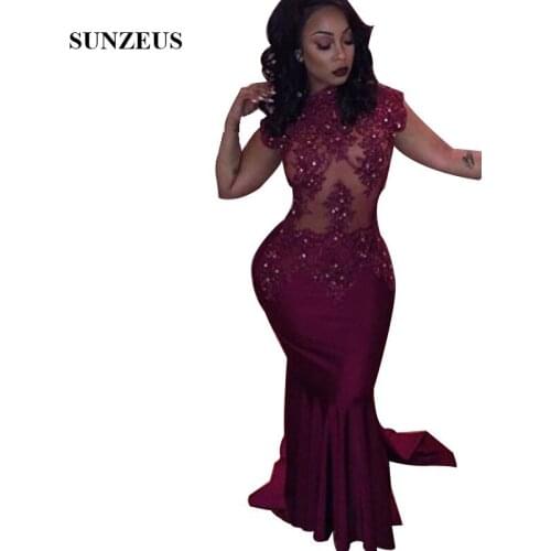 Burgundy Plus Size Prom Dresses Mermaid Style Lace Applique Beads Sequins High Neck Special Occasion Dress Party Evening Gowns