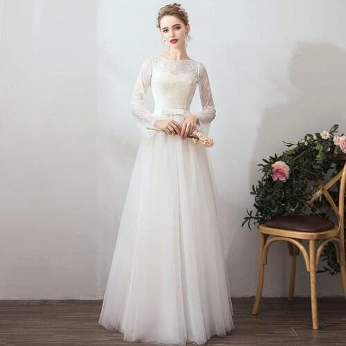 Simple White Lace Wedding Dress 2019 A line Simple Bridal Dresses New vestido de noiva long sleeve Bridal dress