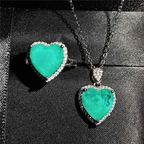 Cute Heart Green Crystal Jewelry Sets Female Opening Rings Pendant Necklaces For Women Wedding Chain Necklace Vintage Bridal Set