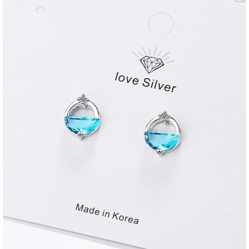 925 Sterling Silver Elegant Round Shape Blue Water Spring Stud Earrings With Shiny Zircon Jewelry For Christmas S-E890