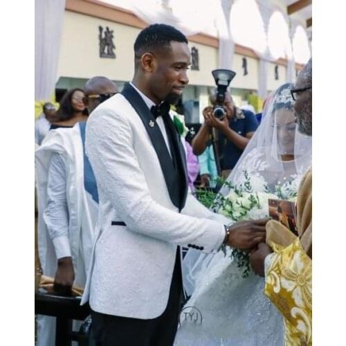 Custom Made Groomsmen Pattern Groom Tuxedos Shawl Black Lapel Men Suits Wedding Best Man Blazer ( Jacket+Pants+Vest+Tie ) C452