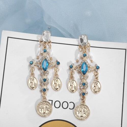 Vintage Europe Baroque Blue Crystal Cross Clip Earrings No Hole Long Round Coins Pendant Rhinestone Clip on Earrings No Pierced