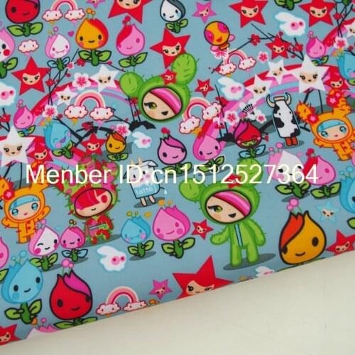 PVC coated waterproof fabric - cactus baby, flower and star (blue) (WF250)