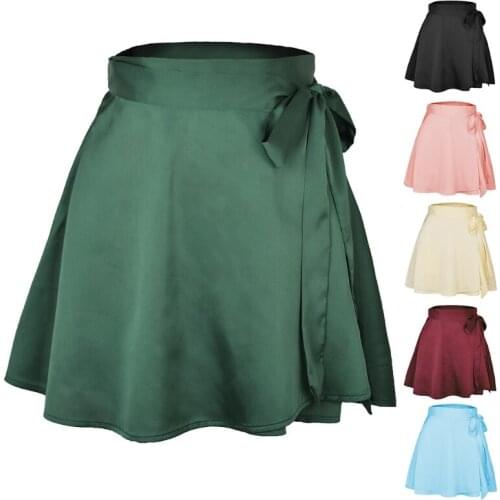 Null Women Summer High Waist Chiffon Satin Wrap Pleated Mini Skirt Tie Side Solid Color Flared Asymmetrical Hem A-Line Casual