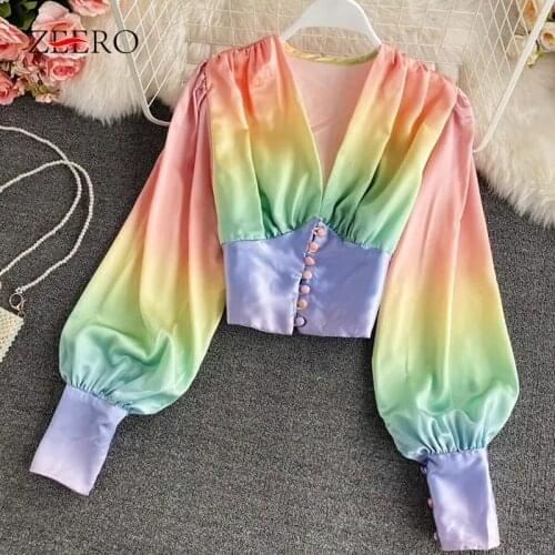 Spring Korean Fashion Sweet Sexy Women Shirt Blouse Gradient Deep V-neck Pleated Lantern Sleeve Button Up Shirt Female Short Top