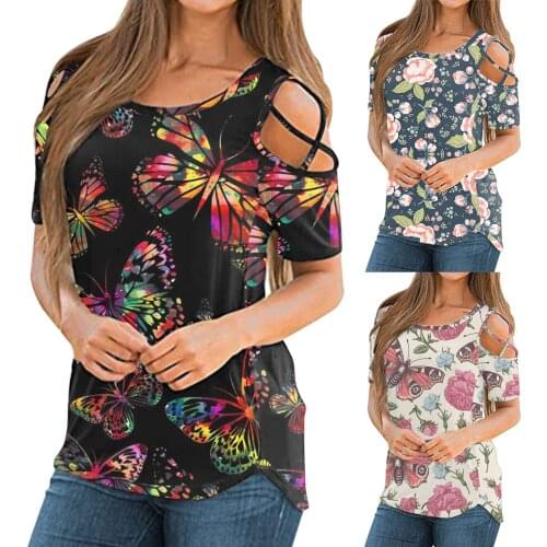 Women Short Sleeve Exposed One Shoulder Round Neck Sexy T-shirt Butterfly Flowers Print Blouse Top Daliy All-match Girls T-shirt