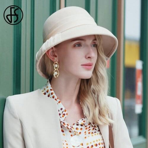 FS Vintage 2020 NEW Winter Hats For Women Wool Felt Wide Brim Fedoras Elegant Bowler Black Pink Cloche Church Sombreros De Mujer