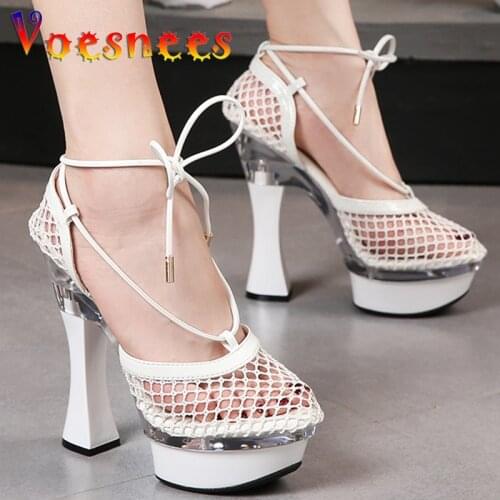 Cross Ankle Strap Hollow Mesh Women Shoes Summer Sexy Stripper High Heels Nightclub Party Dress Solid Color Chunky Heel Sandals