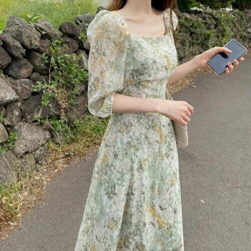 Korean Chic Temperament Slim High Waist Square Collar Floral Chiffon Dress Women Short Sleeve Fashion Vestido De Mujer Sexy