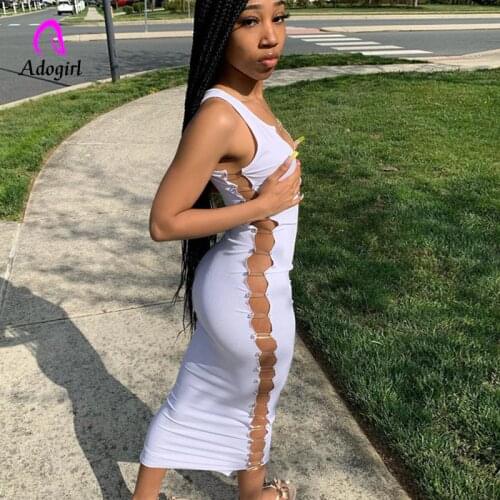 Hollow Out Women White Solid Long Dresses Sleeveless Sexy Side Split Comfortable Active Workout Ribbed Knit Basic Dress Outfits