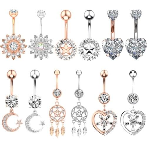 1pc Flower Heart Navel Rings Piercing Dangling Zircon Belly Button Ring Surgical Steel Sexy Belly Bar for Woman Body Jewelry 14G